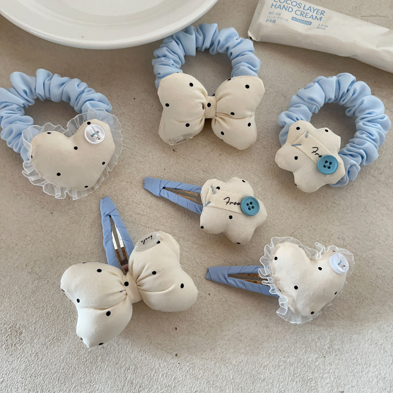 Milk Salt Blue Blue Polka Dot Bow Heart Hair Tie Hair Clip Sweet Fabric Bb Clip Ponytail Hair Ring Hair Accessory