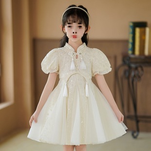 Girls Dress Summer 2024 New New Chinese Style Cheongsam Princess Dress Girls Fashionable Puff Sleeve Summer Gauze Dress