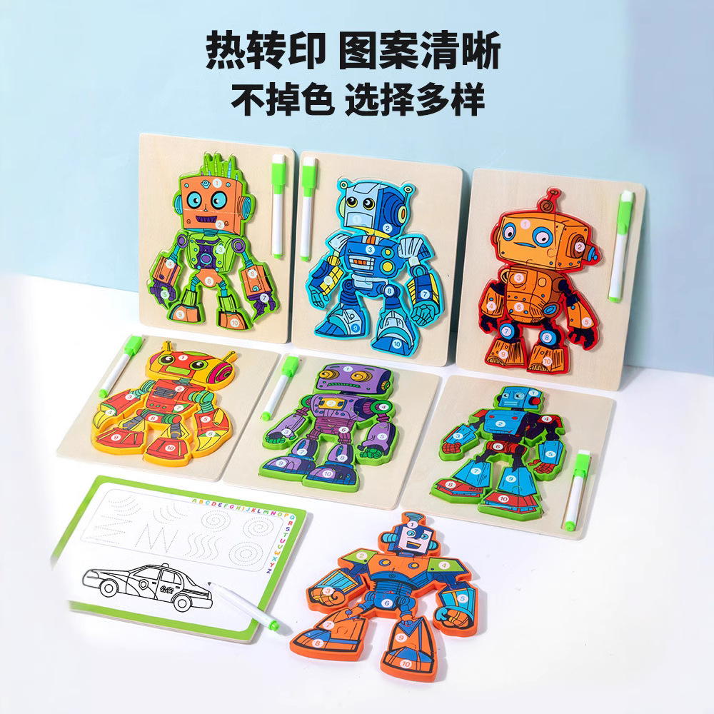 Junta de dibujo de rompecabezas robot multifuncional de madera cuerdas cuentas animales frutas tablero de coincidencia de tráfico para niños pequeños
