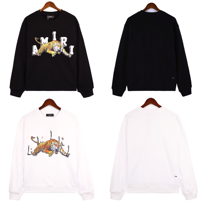 2023 autumn and winter new AMI retro tiger pattern printed crew neck sweater for men and women with a batch of hair