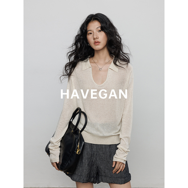 与间HAVEGAN/秋季天丝亚麻长袖防晒针织T恤女翻领老钱风休闲上衣|undefined