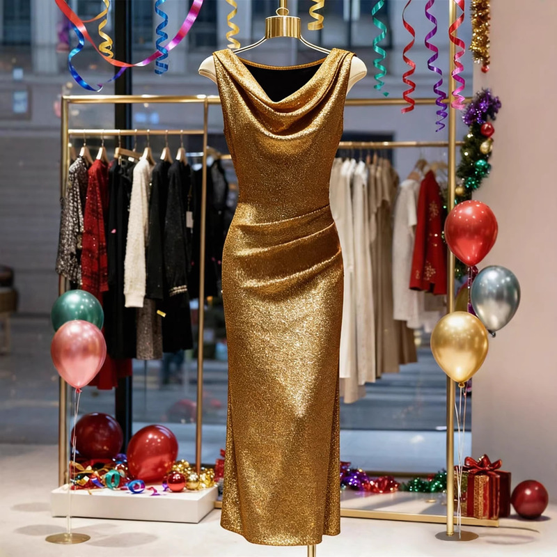 2026 Summer New Sexy Long Dress, Solid Color, Deep V-Neck, Glitter, Slit, Slim Fit, Textured Sleeveless Gown Dress