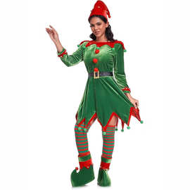 女式圣诞精灵服装套装成人天鹅绒连衣裙服装圣诞老人帮手圣诞假日