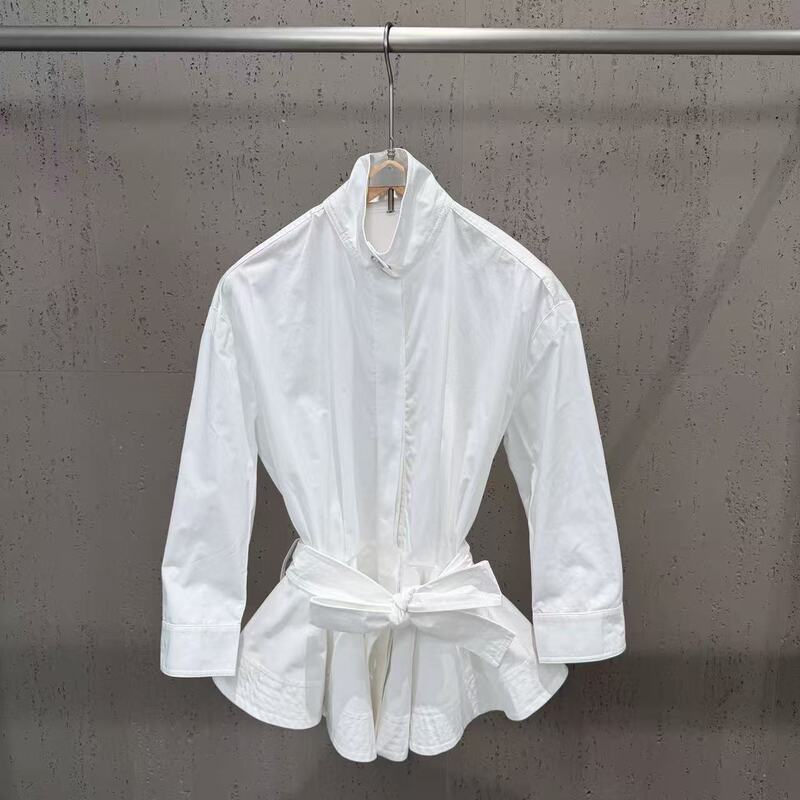 2026 Autumn/Winter Cross-Border Stand-Collar Long-Sleeve Belted Waist-Fitted Ruffle Hem Puff Sleeve Shirt with Elegant and Sophisticated Commute Style 2026 Autumn/Winter Cross-Border Stand-Collar Long-Sleeve Belted Waist-Fitted Ruffle Hem Puff Sleeve Shirt with Elegant and Sophisticated Commute Style