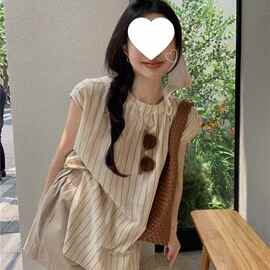 简约撞色条纹无袖衬衫女夏季韩版宽松显瘦中长款休闲上衣图片色