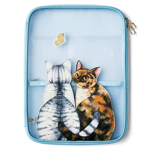 Cute creative curious cat looking back A4 transparent mesh file office storage bag student stationery zipper bag