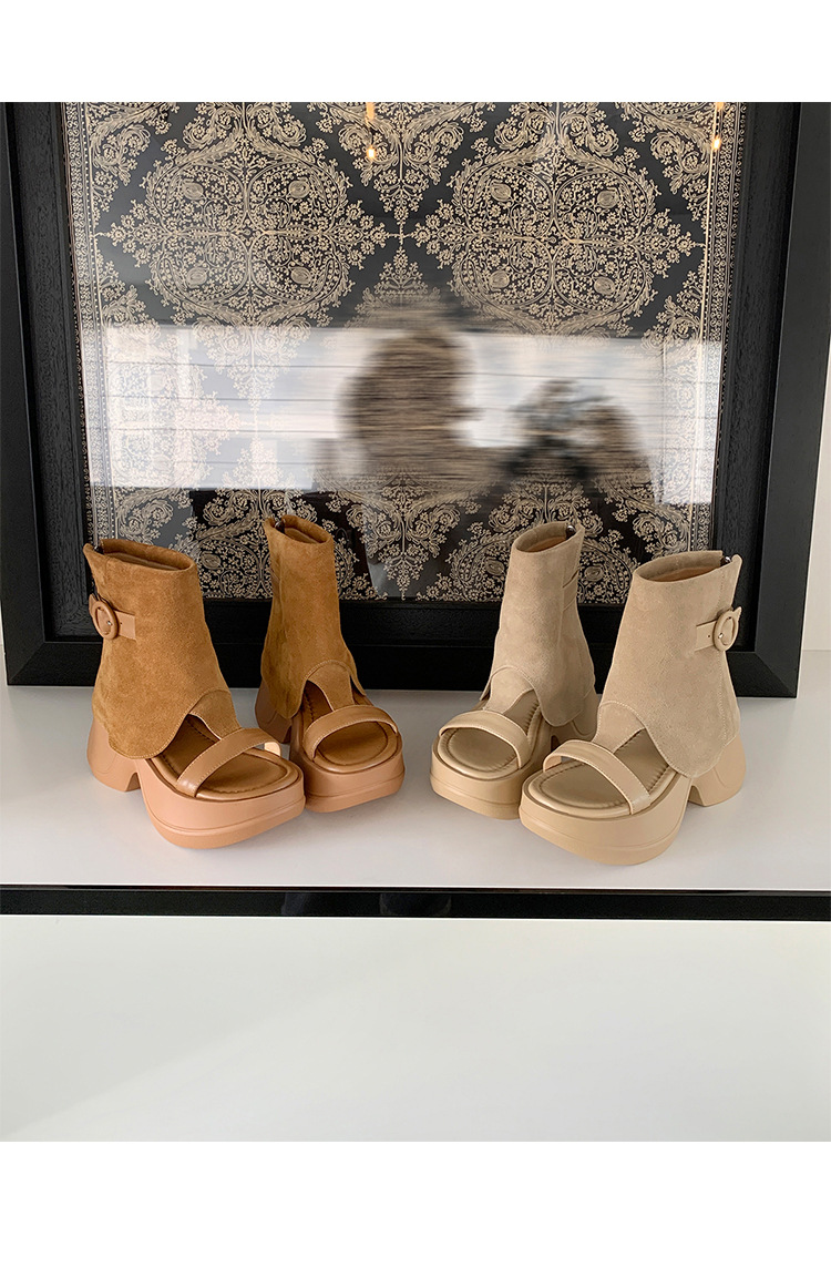 Boot sandal hở mũi gót vuông đế dày da lộn khóa kéo sau — Màu caramel, màu mơ chi tiết 24