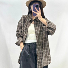 古咖服饰秋季复古棉麻格子衬衫女式翻领长袖宽松衬衣文艺休闲上衣