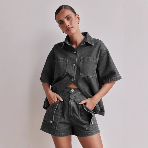 2025 Summer Amazon Cross-border European and American Women's Casual Retro Loose Shirt and Denim Shorts Set for Women