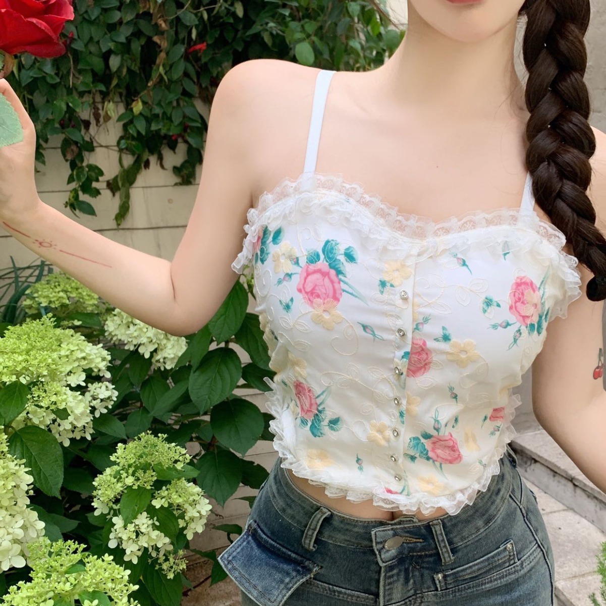 Pastoral Retro Style Small Floral Sling Lace Beautiful Back Vest with Chest Pad Wrap Chest One-piece Base Short Top