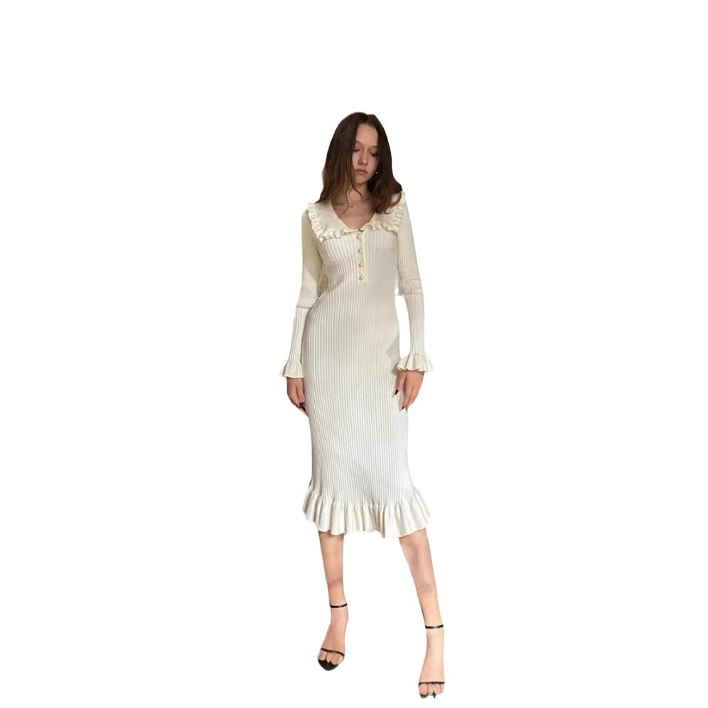 2024 Autumn/Winter New Commuting Ladies' Ruffle Knitted Dress_voghion.com