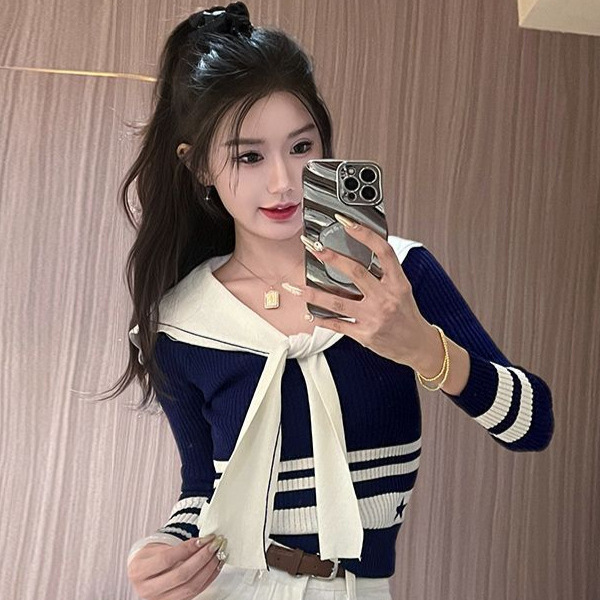 2026 Autumn New Sweet Style Striped Navy Collar Long Sleeve Knit Top for Women, Slim Fit and Figure-Flattering Design