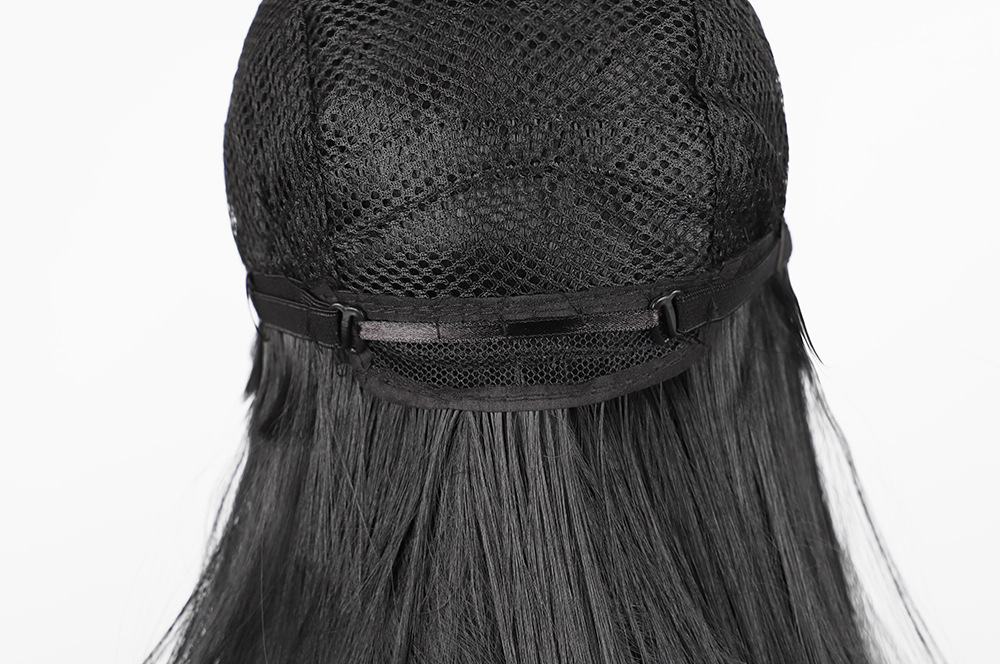 Synthetische Perücke. Schwarzes Stirnband mit geteilter Länge, glattes Haar, komplette Damenperücke aus synthetischen Fasern_voghion.com