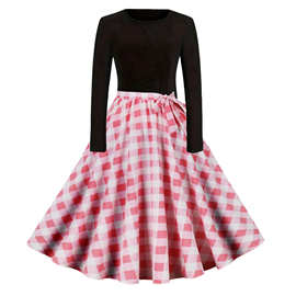 速卖通ebay亚马逊秋冬季圆领长袖黑拼圆波点印花大摆连衣裙丝带