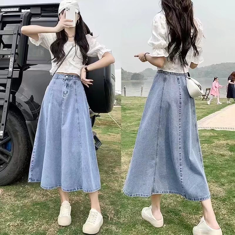 summer long denim skirt