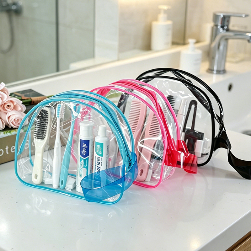 Travel toiletry bag, transparent waterproof makeup storage bag, portable toiletry storage semi-circular organizer bag