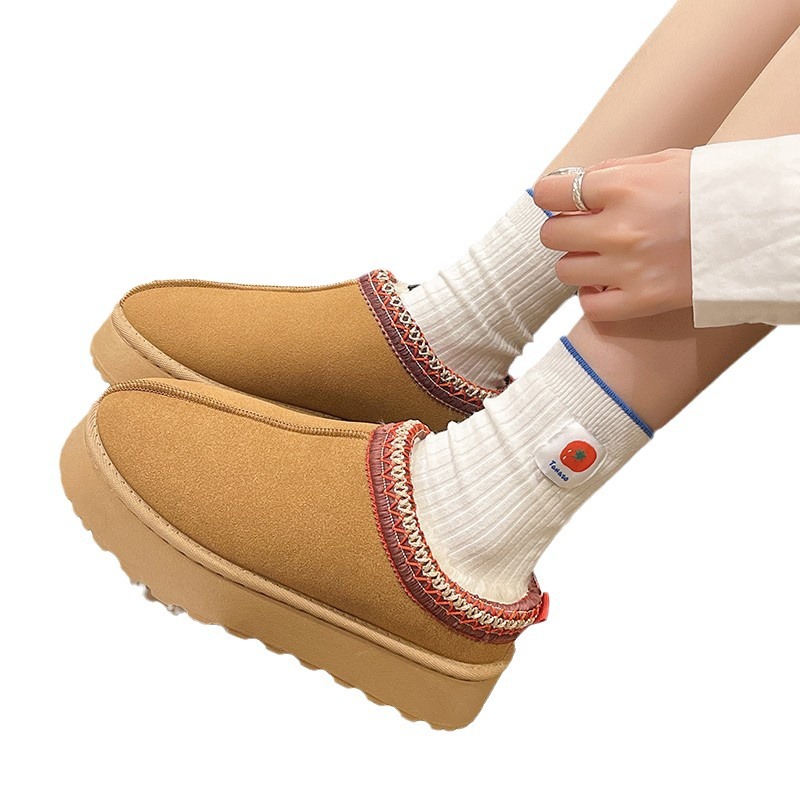 Women's Shoes Snow Boots Winter Cashmere Warm Thick Bottom Heelless Baotuo Hair Half Slipper Cotton Shoes_voghion.com