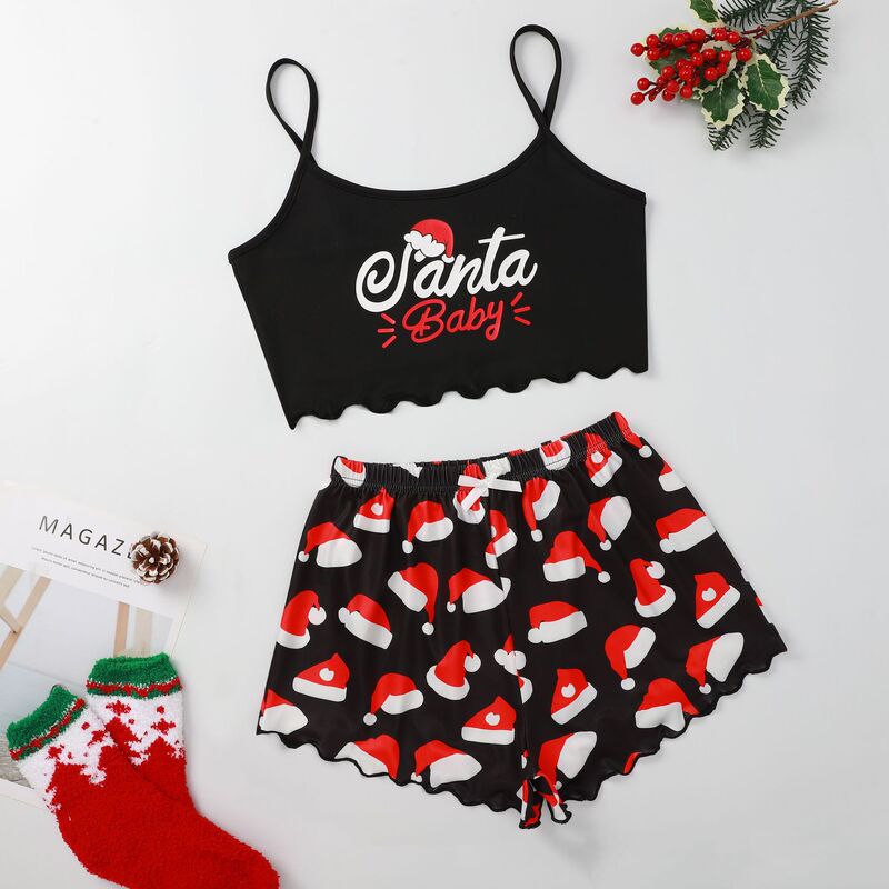 Foreign trade summer sexy women's Christmas pajamas camisole shorts snowflake deer home wear two-piece suit Foreign trade summer sexy women's Christmas pajamas camisole shorts snowflake deer home wear two-piece suit