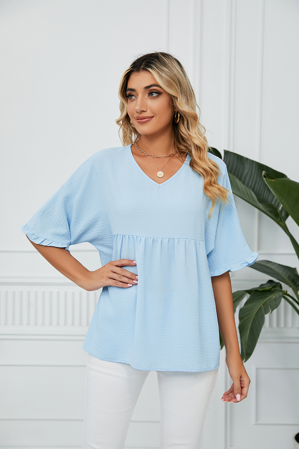 Γυναικεία ρούχα με μασίφ λαιμόκοψη σε φαρδιά πλισέ πάνελ με μεσαίο μανίκι μπλούζες σιφόν_voghion.com