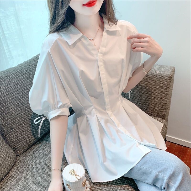 2025 Summer New Style Elegant Half-open Collar Lace-up Lantern Sleeve Shirt Women's Design Sense Niche Tight Waist Shirt Top 2025 Summer New Style Elegant Half-open Collar Lace-up Lantern Sleeve Shirt Women's Design Sense Niche Tight Waist Shirt Top