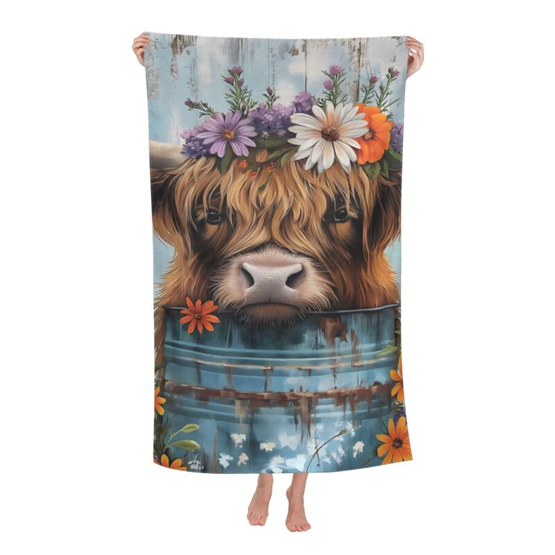 Cross-Border Beach Towel Country Farmhouse Highland Cow Print Bath Towel Microfiber Sports Towel Amazon Wholesale