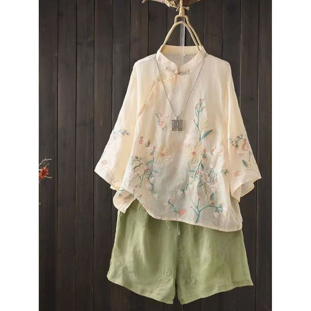 Chinese Style Embroidered Ramie Shirt for Women, Summer Oblique Placket, Buttoned Stand Collar, Tang Suit Shirt, Elegant Cotton and Linen Pullover Top