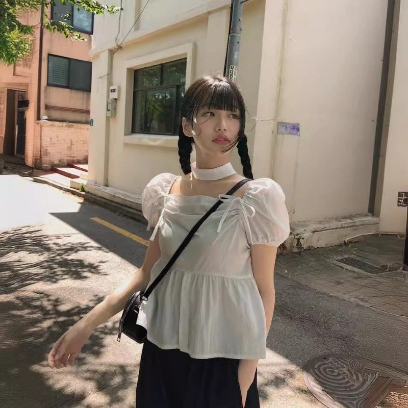 Korean Chic Square Collar Puff Short-Sleeved Shirt for Women Summer New Sweet Pleated Lace-Up Single-Breasted Short-Sleeved Top Korean Chic Square Collar Puff Short-Sleeved Shirt for Women Summer New Sweet Pleated Lace-Up Single-Breasted Short-Sleeved Top