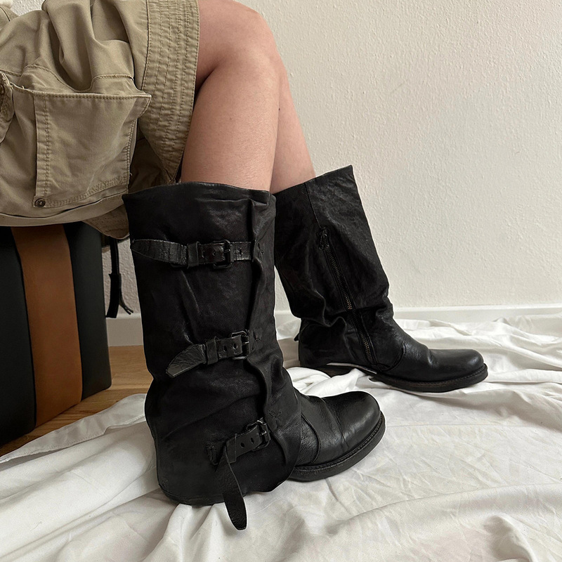 Wasteland Style Belt Buckle Black Stacked Boots for Women, Vintage Distressed Western Cowboy Boots, Leather Mid-Calf Boots Wasteland Style Belt Buckle Black Stacked Boots for Women, Vintage Distressed Western Cowboy Boots, Leather Mid-Calf Boots