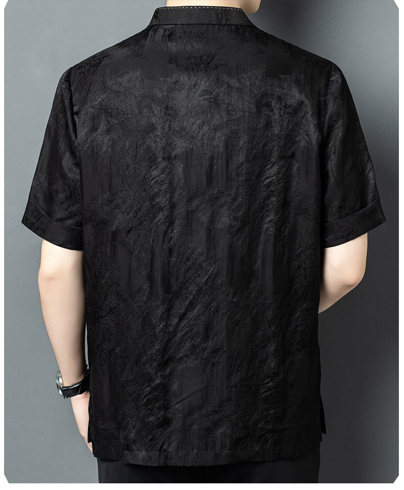 Áo sơ mi ngắn tay nam mulberry silk mỏng nhẹ mùa hè dáng rộng — Đen 26A230 chi tiết 12
