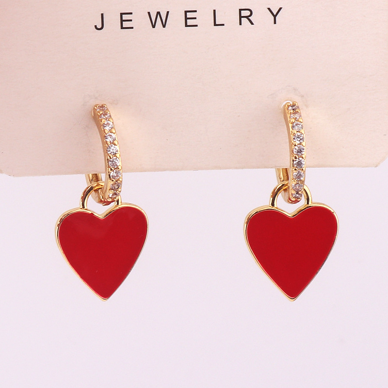 Retro Heart Shape Copper Earrings Stoving Varnish Artificial Gemstones Copper Earrings