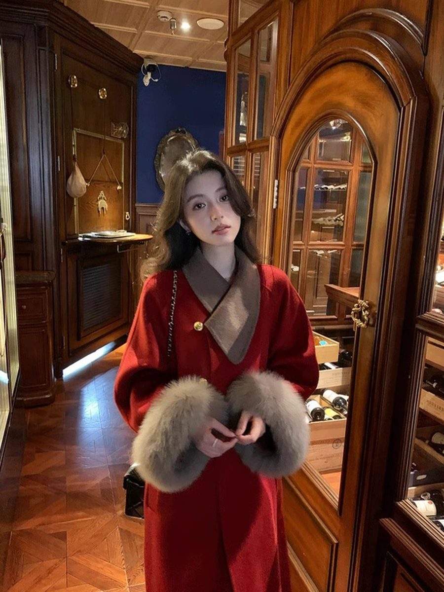 Red summer woolen coat, winter down jacket, plus size
