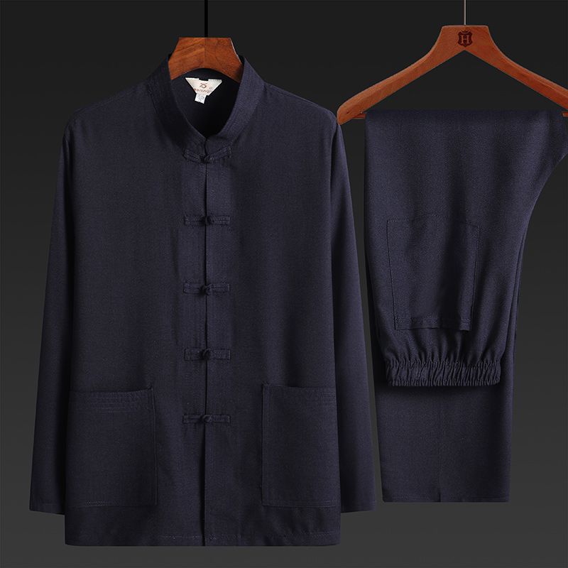 Chinese-style Hanfu long-sleeved shirt for middle-aged and elderly men, summer thin and breathable Tang suit set for grandfathers.
