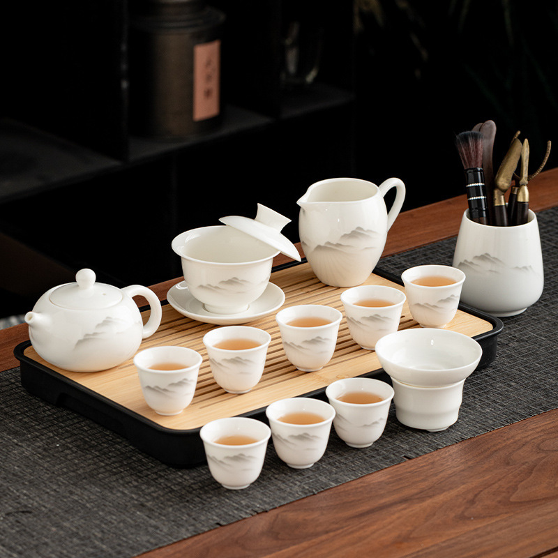 Mat Fat Jade Kung Fu Tea Set suit Home Office 2025 New Style Light Luxury High-end Teapot White Porcelain Cover Bowl Tea Cup