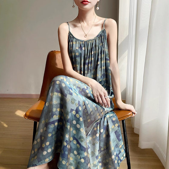 New Sleeveless Wave Dot Sling dress Women's Seaside Skirt Atmosphere Holiday Style A- line Skirt Slim Long Skirt Women
