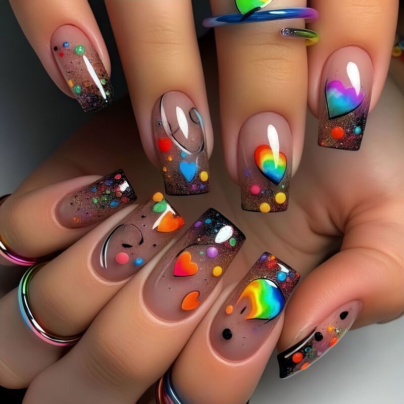 Press-On Fake Nail Patches, Mid-Length European Square Manicure, New Year's Spring and Summer Fashionable Manicure, Colorful Smudged Press-On Fake Nail Patches, Mid-Length European Square Manicure, New Year's Spring and Summer Fashionable Manicure, Colorful Smudged
