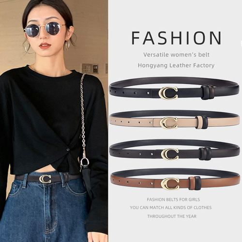 Women's belt double-sided fashionable C buckle simple jeans versatile thin belt women's Korean style trendy young people's belt