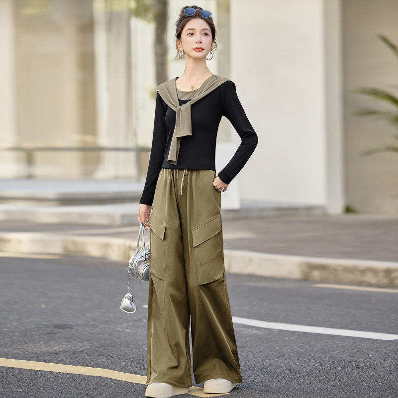 时尚套装女2025春秋新款高级感气质显瘦披肩上衣阔腿工装裤三件套|undefined