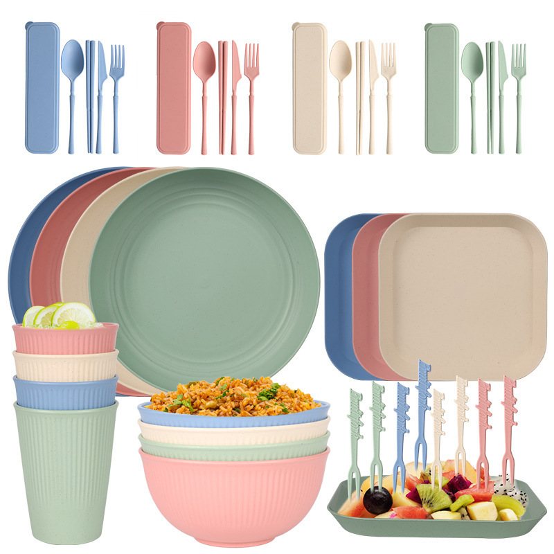 Walmart Tiktok Wheat Straw Vertical Stripe Plate Bowl Cup Saucer Knife Fork Spoon Chopsticks Small Waist Portable Tableware Set