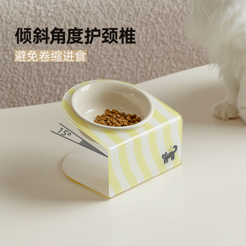 Ceramic pet cat bowl, dog bowl, cervical vertebra protection, anti-overturn drinking bowl, grain basin, tall acrylic frame, inclined mouth bowl