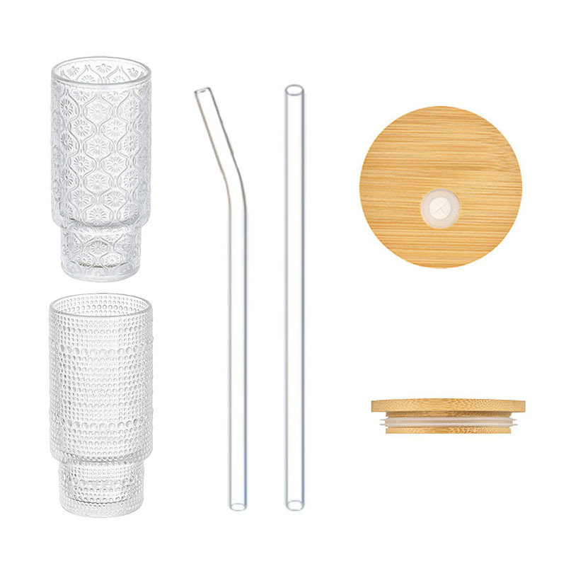 Nuevo tipo de taza de cristal de begonia con cubierta de bambú taza de paja retro relieve taza de extracción fría taza de café de cristal laminado