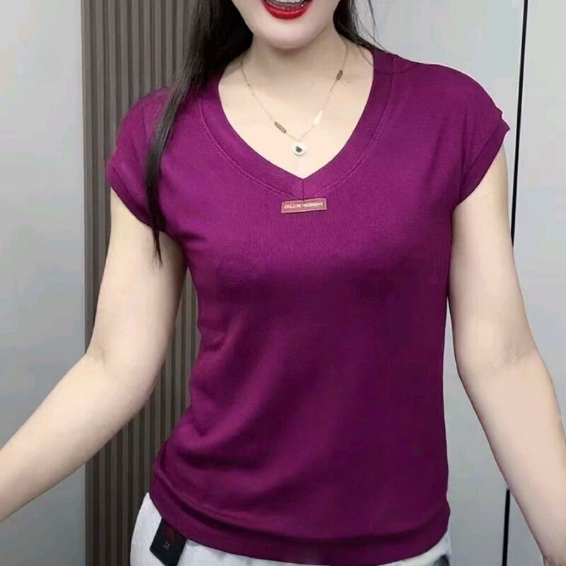 Plus-Size Summer New Style Slimming Thin Versatile Stylish V-Neck Niche T-Shirt Fashion Loose Fit Slimming Short-Sleeve Women's Top Plus-Size Summer New Style Slimming Thin Versatile Stylish V-Neck Niche T-Shirt Fashion Loose Fit Slimming Short-Sleeve Women's Top