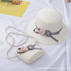 夏子供用日よけ帽子麦わら帽子女の子日焼け止めサンハット親子ビーチハット女性帽子バッグセット