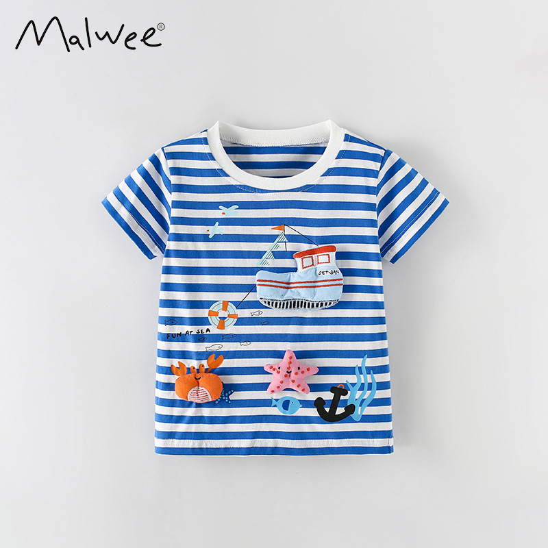 Malwee transfronterizo nueva camiseta de ropa para niños delgada absorción de sudor piel a rayas lindas camisas casuales para niños