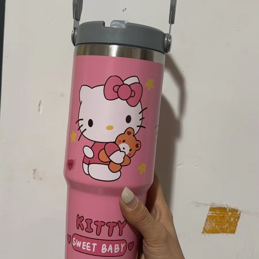 Nuevo 30oz taza de coche patrón de dibujos animados de gran capacidad de acero inoxidable termo de vacío taza de alta apariencia portátil mango de hielo