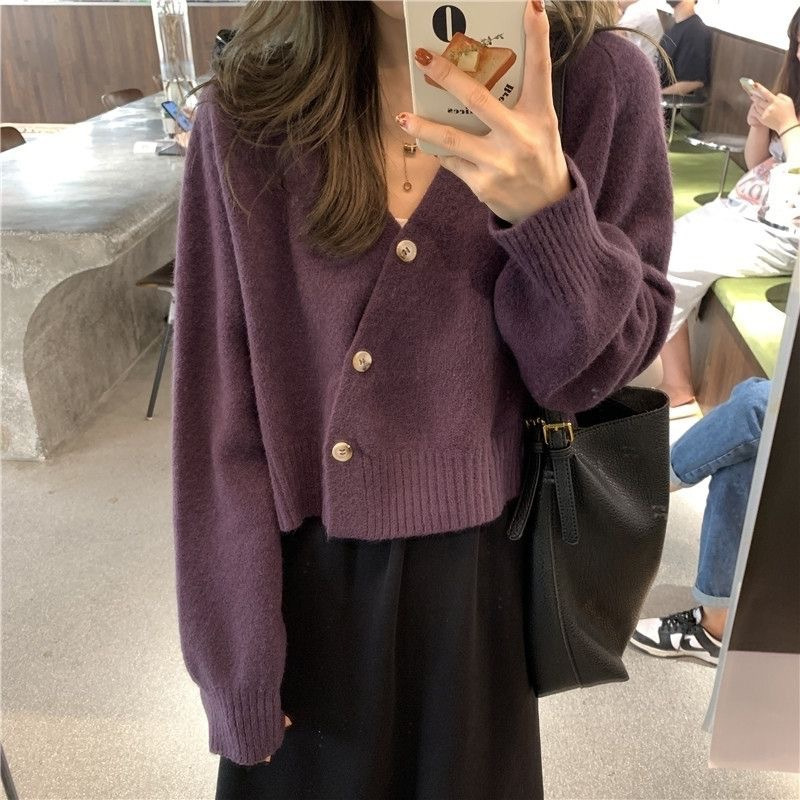 V-Neck Cardigan Sweater for Women, Spring & Fall Outer Wear, Loose Design, Lazy Style, Chic Niche Jacket, Short Knitted Top