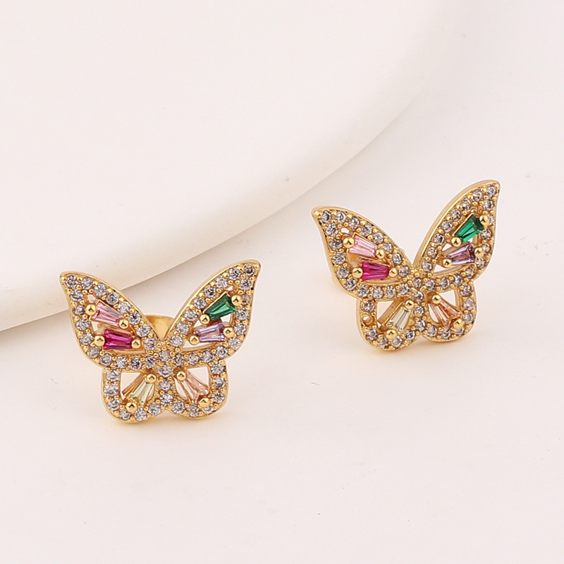 Retro Butterfly Copper Ear Studs Inlay Zircon Copper Earrings