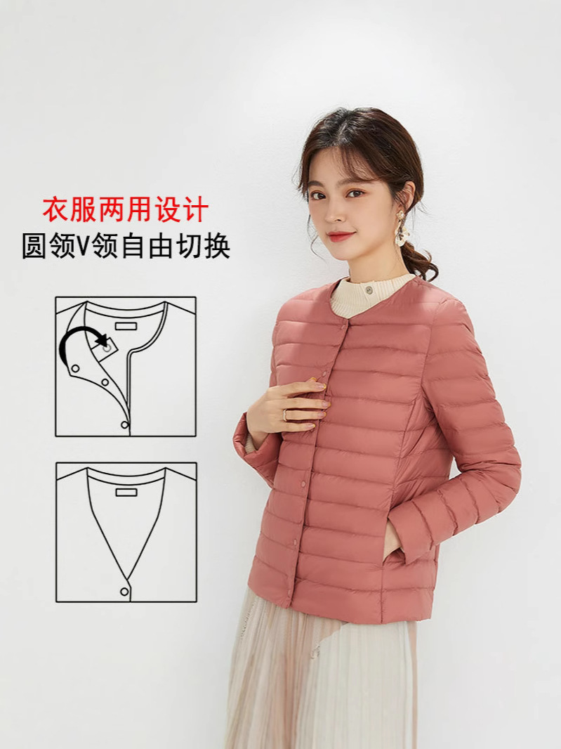 Nuevo chaqueta de plumón ligera para mujeres de invierno y otoño, chaqueta de cuello redondo de cuello en V, doble chaqueta corta grande y delgada