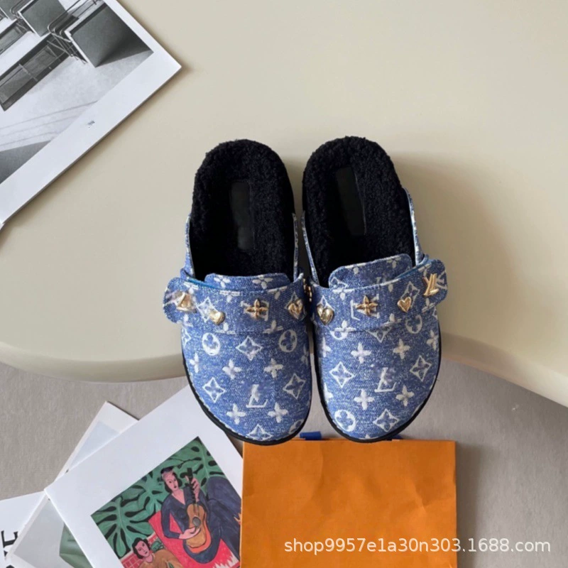 Lujia's 2025 autumn and winter new style plus velvet thick-soled Boken Baotou half drag presbyopic letter couple style large size drag