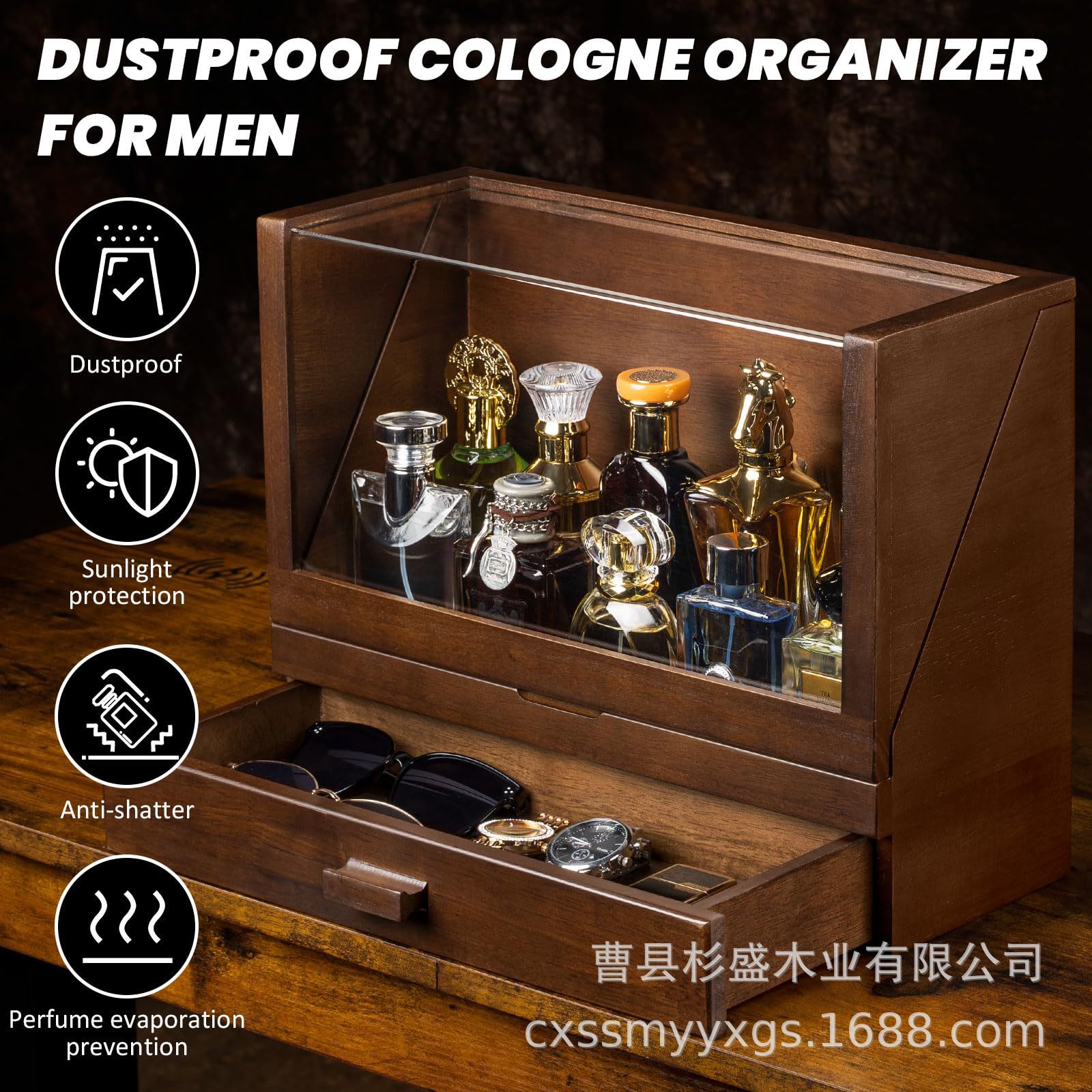 Wooden Cologne Storage Box with Drawer Dustproof Holder Perfume Storage Stand Watch Bracelet Storage Display Box