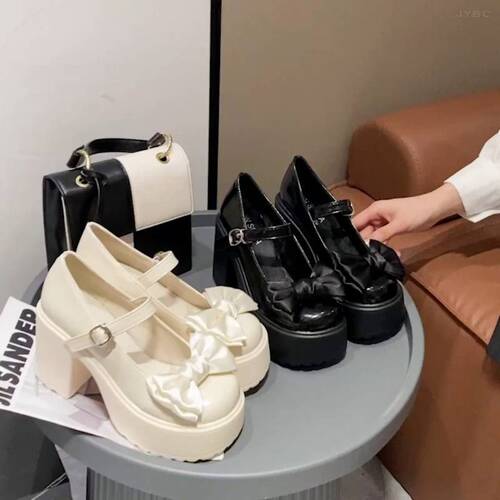Mary Jane Women's Spring New Fashion High Heel Bowknot Thick Sole Chunky Heel Match Skirt Versatile Small Leather Shoes